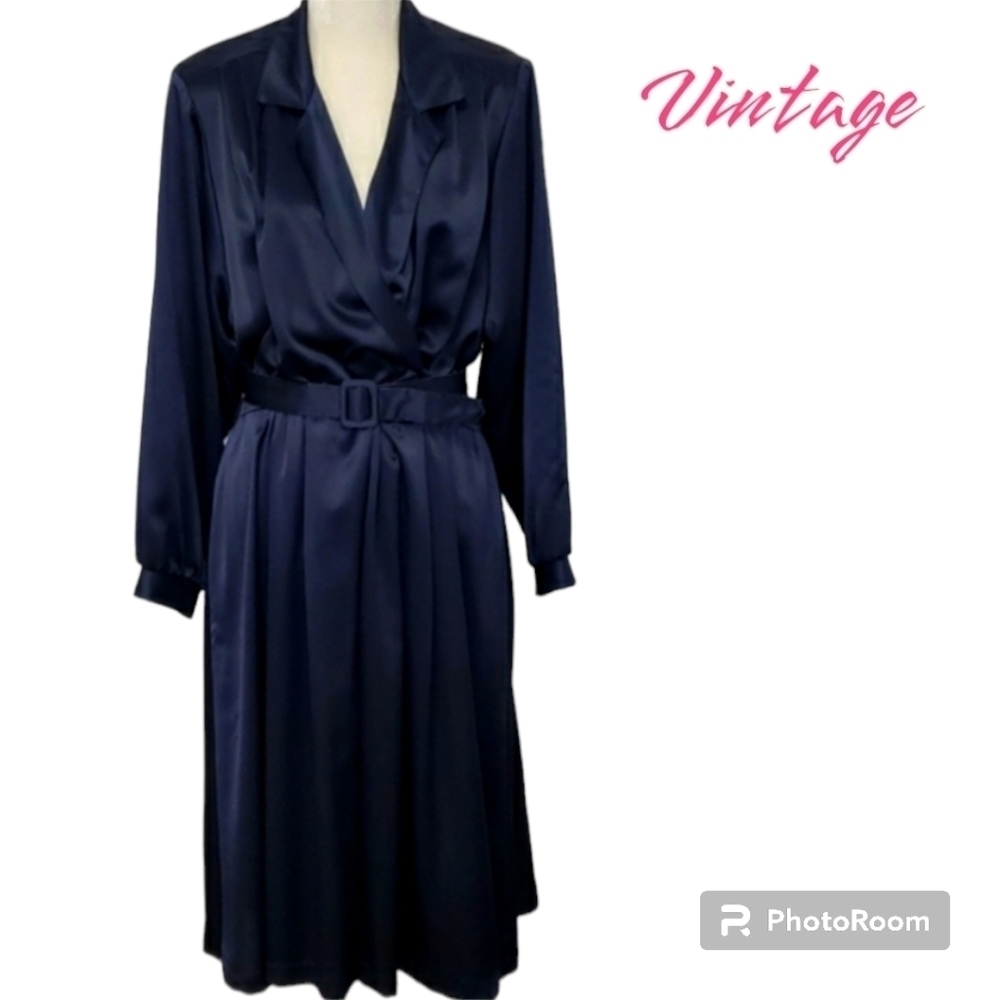 Vintage 80s Alison J. Satin Wrap Surplus Midi Dress Navy Long Sleeve XL VGUC